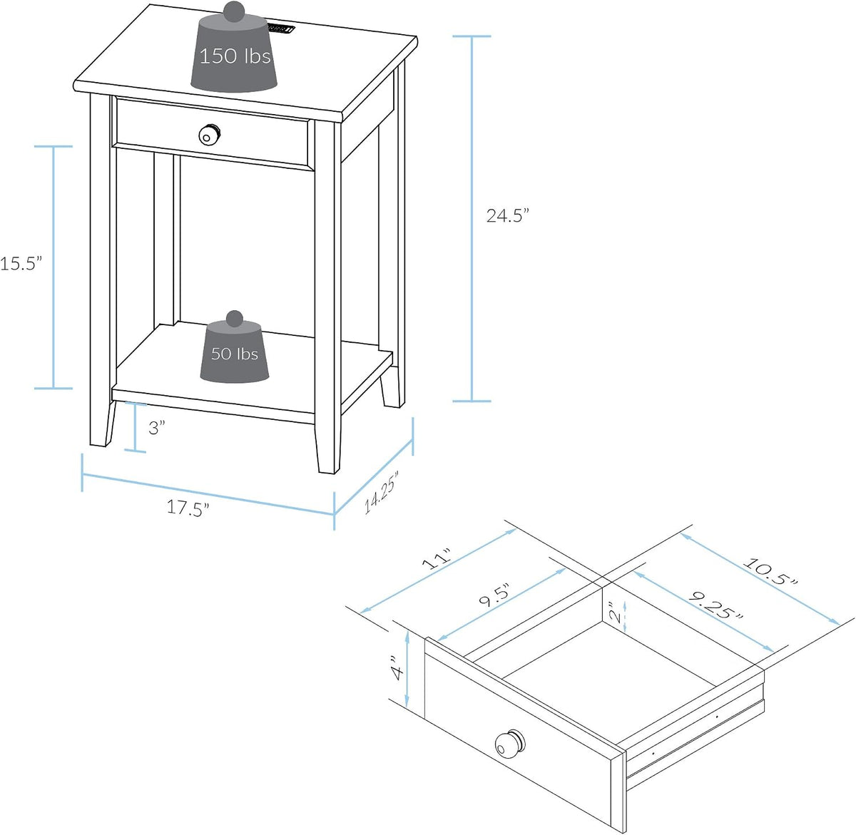 Casual Home Owl Night Stand with USB Port Charging Station and Drawer, 17.5"W x 14.25"D x 24.5"H, Warm Brown