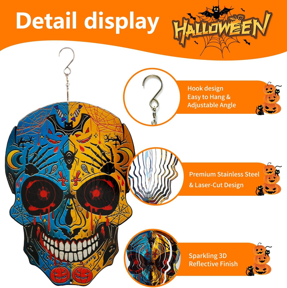 12 inch Halloween Decoration Skull Wind Spinner Clearance - 3D Metal Garden Spinner, Mandala Kinetic Art Outdoor Decor -Handcrafted Hanging Ornament for Outdoor,Patio, Yard，Garden
