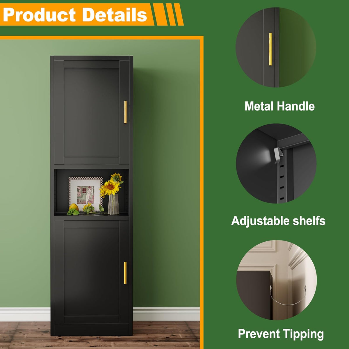 Ckzbx Tall Narrow Storage Cabinet 66.93" H Tall Bathroom Cabinet Metal Pantry Cabinets, 4 Adjustable Shelves for Kitchen, Home Office, Living Room, Dinning Room (16 inches Wide Black)