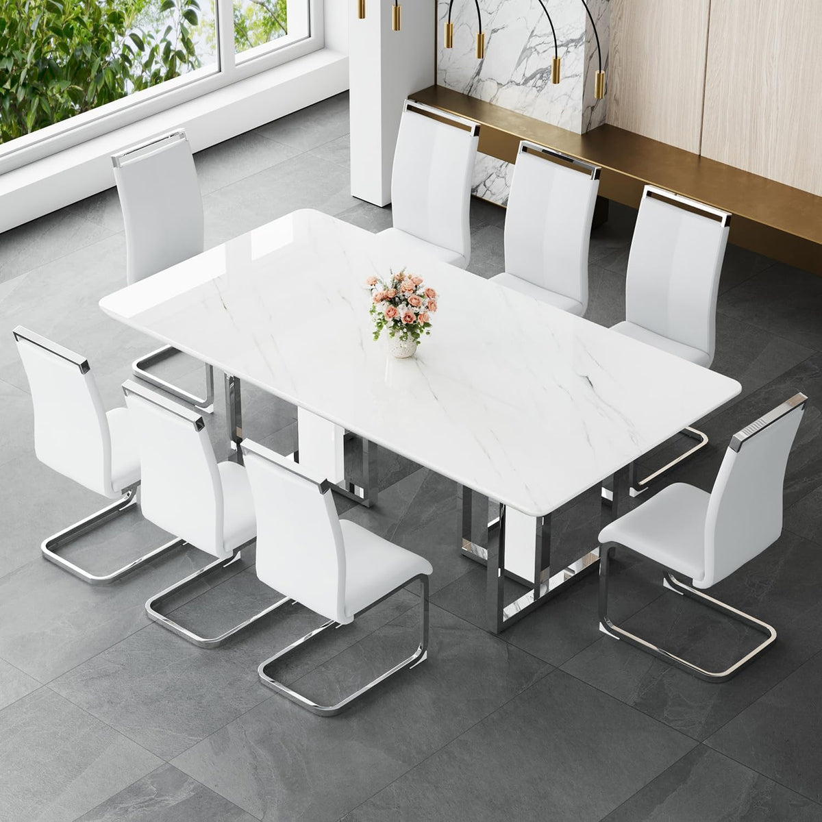 JUFU 9 Piece Dining Table Set for 8, 79 Inch Faux Marble Dining Room Table Set with 8 PU Leather Chairs, Modern Rectangular Kitchen Table and Chairs Set for Large Dining Room, Kitchen