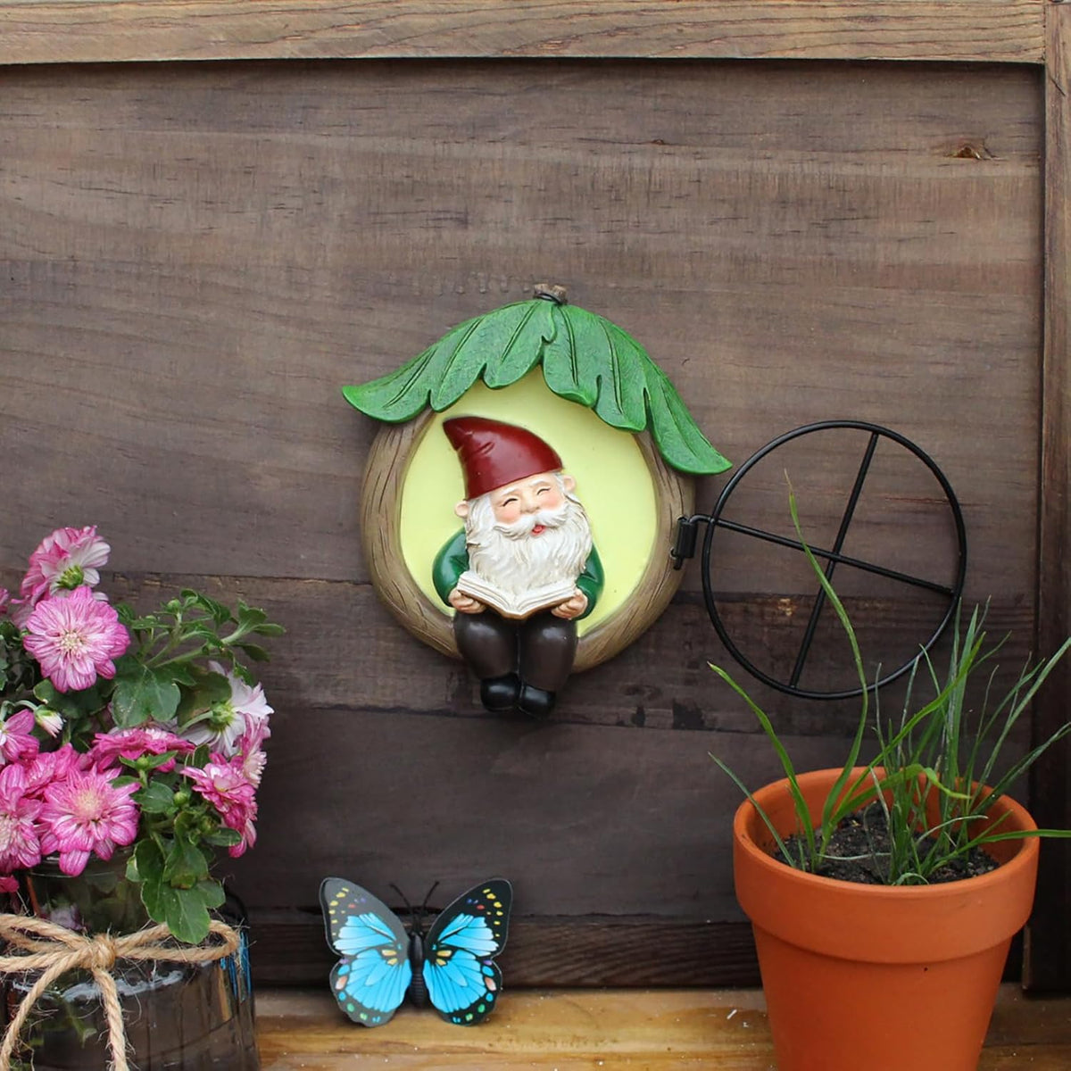 Resin Garden Gnome Statue Outdoor, Luminous Fairy Garden Gnome Reading Book Figurine and Butterfly Decoration 4.73in Luminous Elf Peeker Yard Art Sculpture Home Decor for Patio Yard Mother