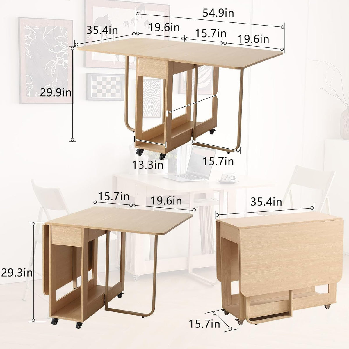 Folding Dining Chairs and Table Set, Space-Saving Dining Table and 2 Padded Steel Frame Folding Chairs(Wood), Drop Leaf Dining Table with Extra Large Storage Space and 2 Drawers