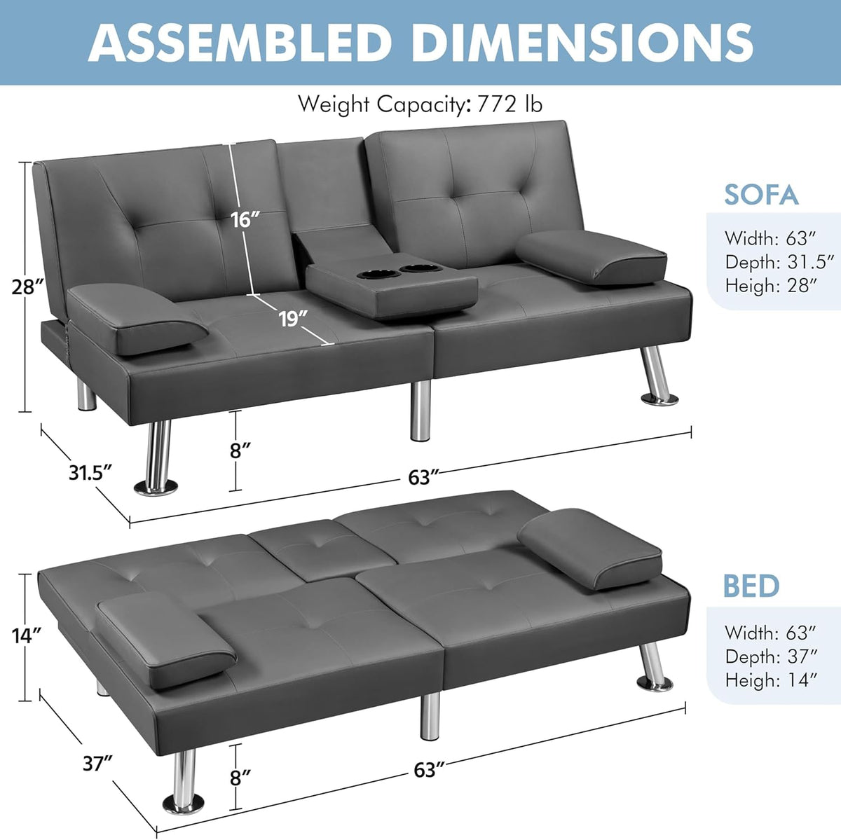 Yaheetech Convertible Futon Sofa Bed Loveseat with Cup Holder, Gray | 3 Angles Sofa, Recliner Chair, Bed, Compact Faux Leather Love Seat for Living Room, Guest Room, Dorm, Small Apartment