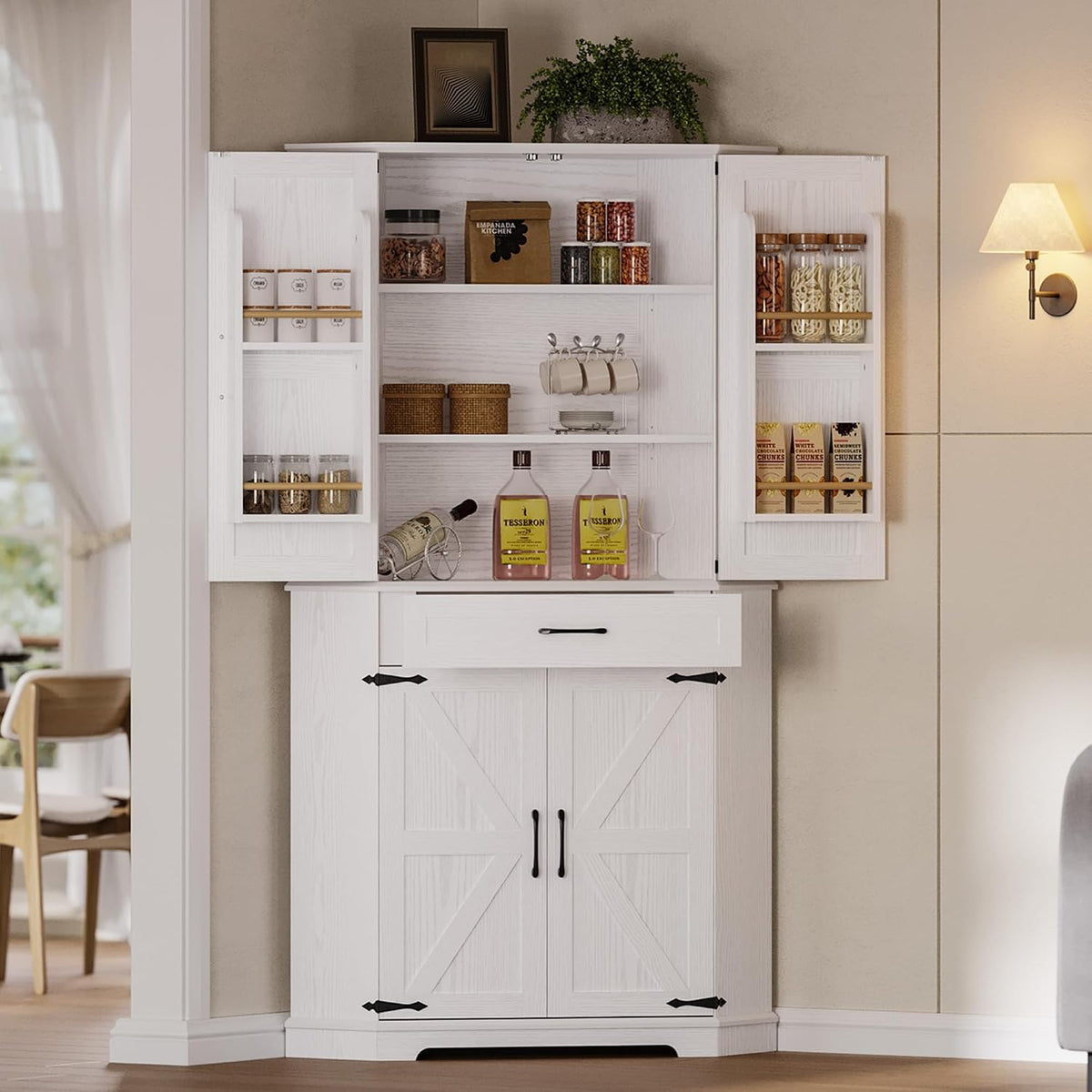 IRONCK 72" Corner Pantry Cabinet with Drawer and 4 Doors, White | Kitchen Pantry Storage Cabinet with 3 Adjustable Shelves, 2 Doors Storage, for Kitchen and Dining Room