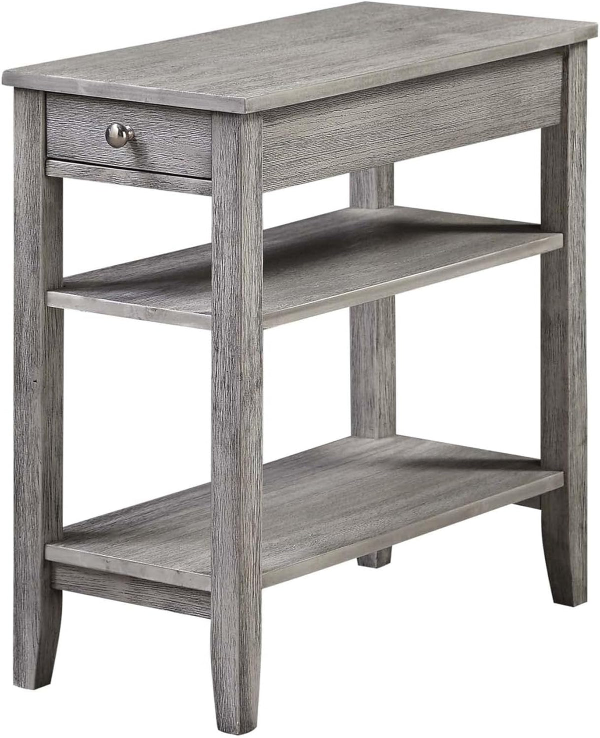 Pemberly Row Three Tier End Table with Drawer, Gray Wood Finish, 23.5 x 11.25 x 24 in, Hidden Storage, Middle and Bottom Shelf, Durable Accent Table for Living Room or Bedroom Decor
