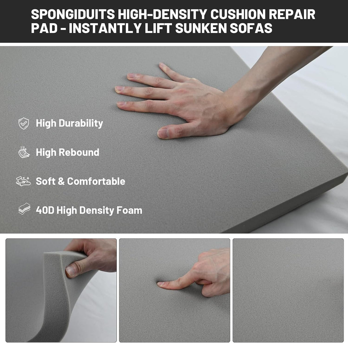 Couch Cushion Support for Sagging Seat, 24"x24"x2.4" 40D High Density Curved Foam Sofa Cushion Support, Under-Cushion Sag Repair,Grey Set of 3