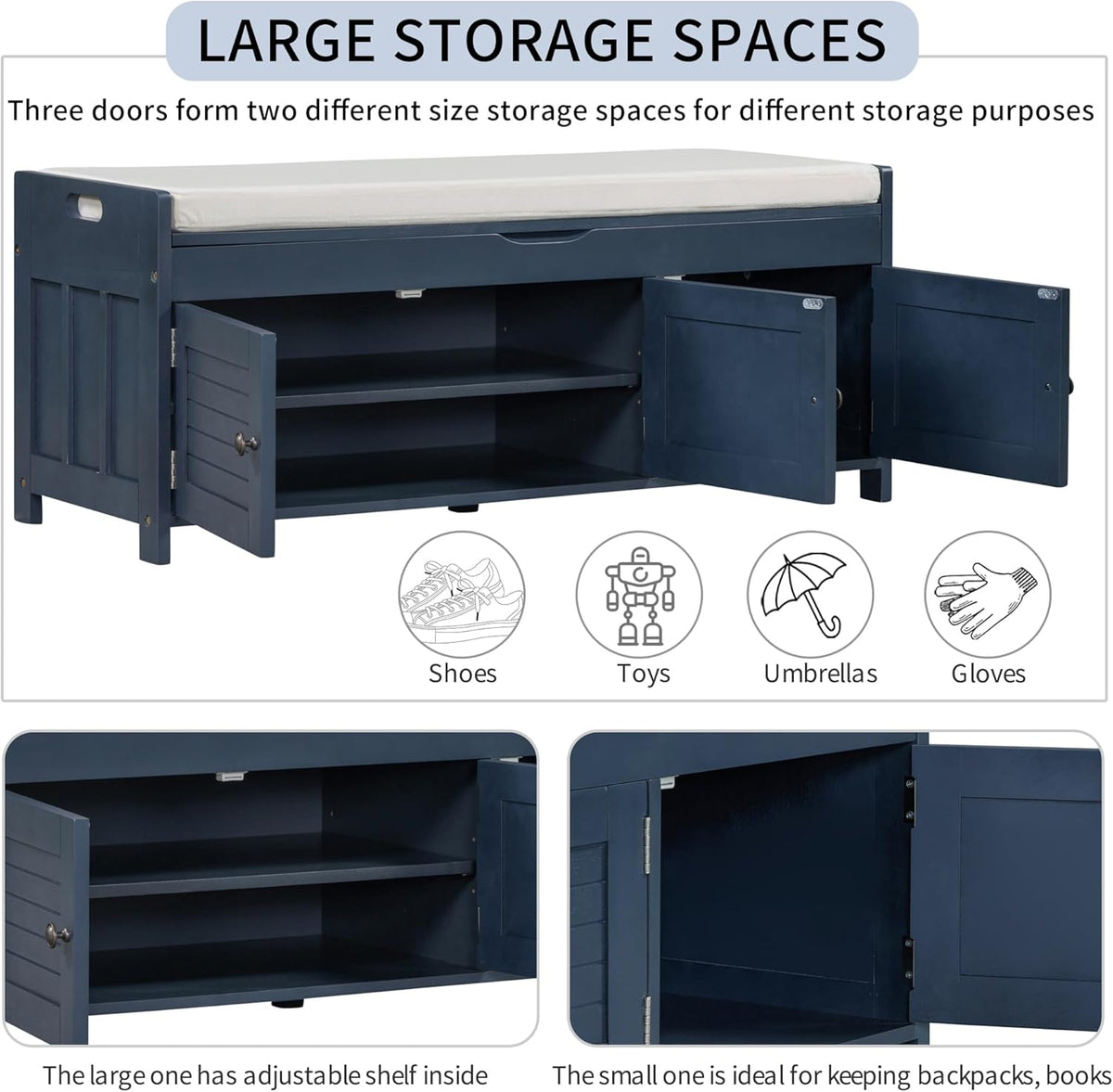 Storage Bench with 3 Shutter-Shaped Doors, Wood Shoe Bench with Removable Cushion and Hidden Storage Space for Entryway, Living Room, Hallway 43.5" L*16" W*18" H Antique Navy
