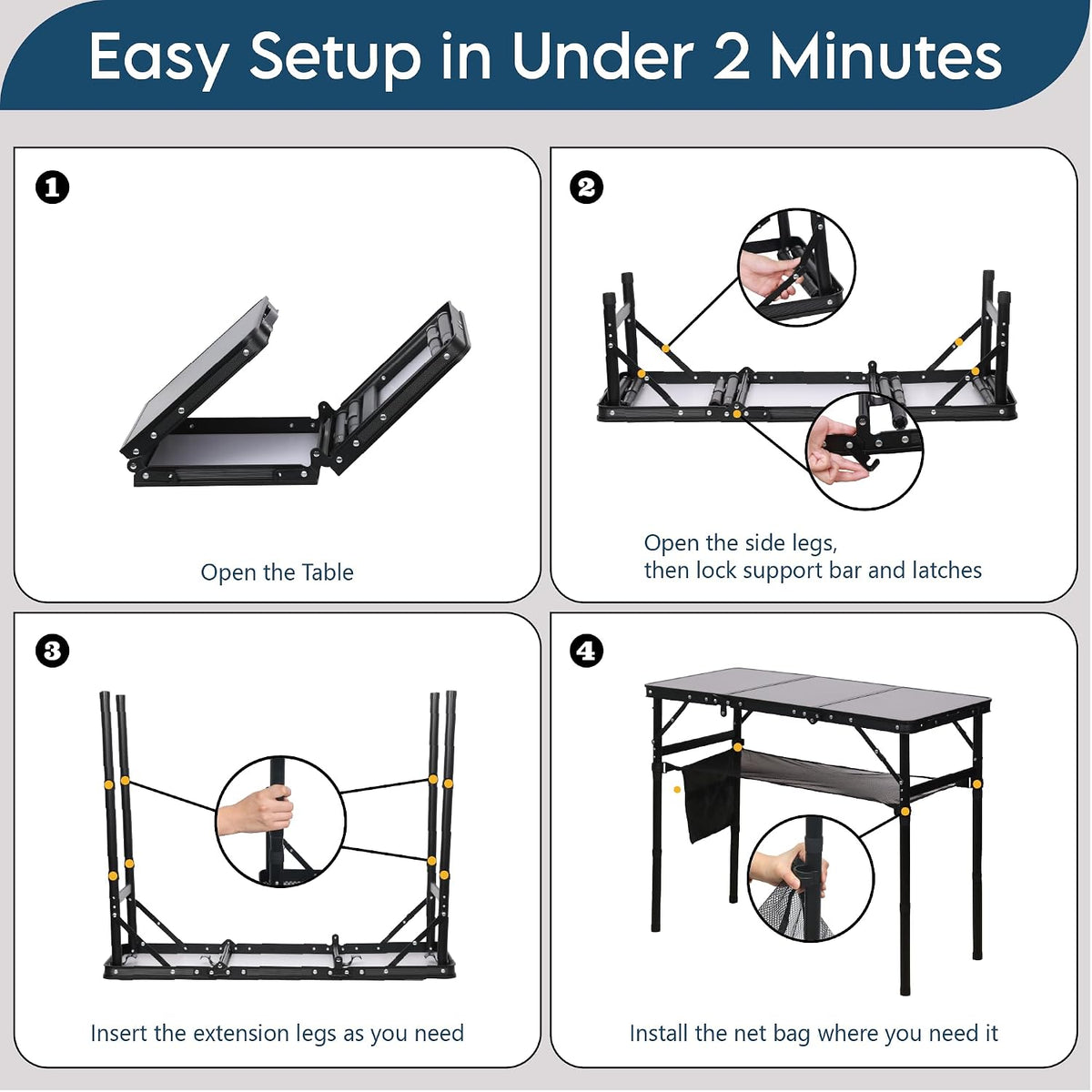 LOFTEY 3 ft Folding Camping Table, Portable Camp Table, Adjustable Height | 3 Height Settings up to 27.5", 70 lb Capacity, Compact Tri-Fold, Lightweight with Carry Bag, Mesh Pocket and Hooks