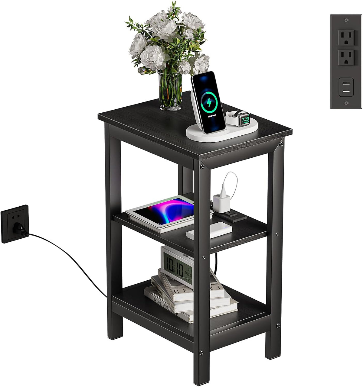 VECELO End Table with Charging Station and USB Ports, Small Wood Nightstand Modern Style, 24" Tall Living Room Side Table with 3-Tier Storage Shelves for Small Spaces, Office, Bedroom, Classic Black
