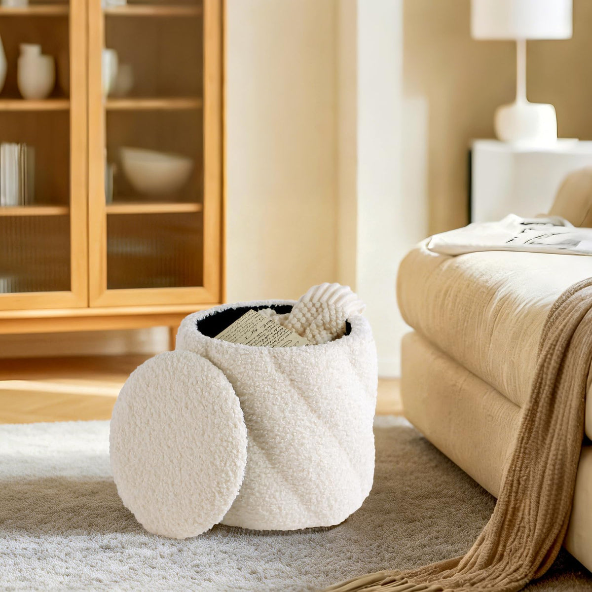 Get Set Style Round Ottoman with Soft Padded Seat, Storage Vanity Stool for Makeup, Upholstered Footrest Stool Ottoman Foot Stool for Living Room, Bedroom