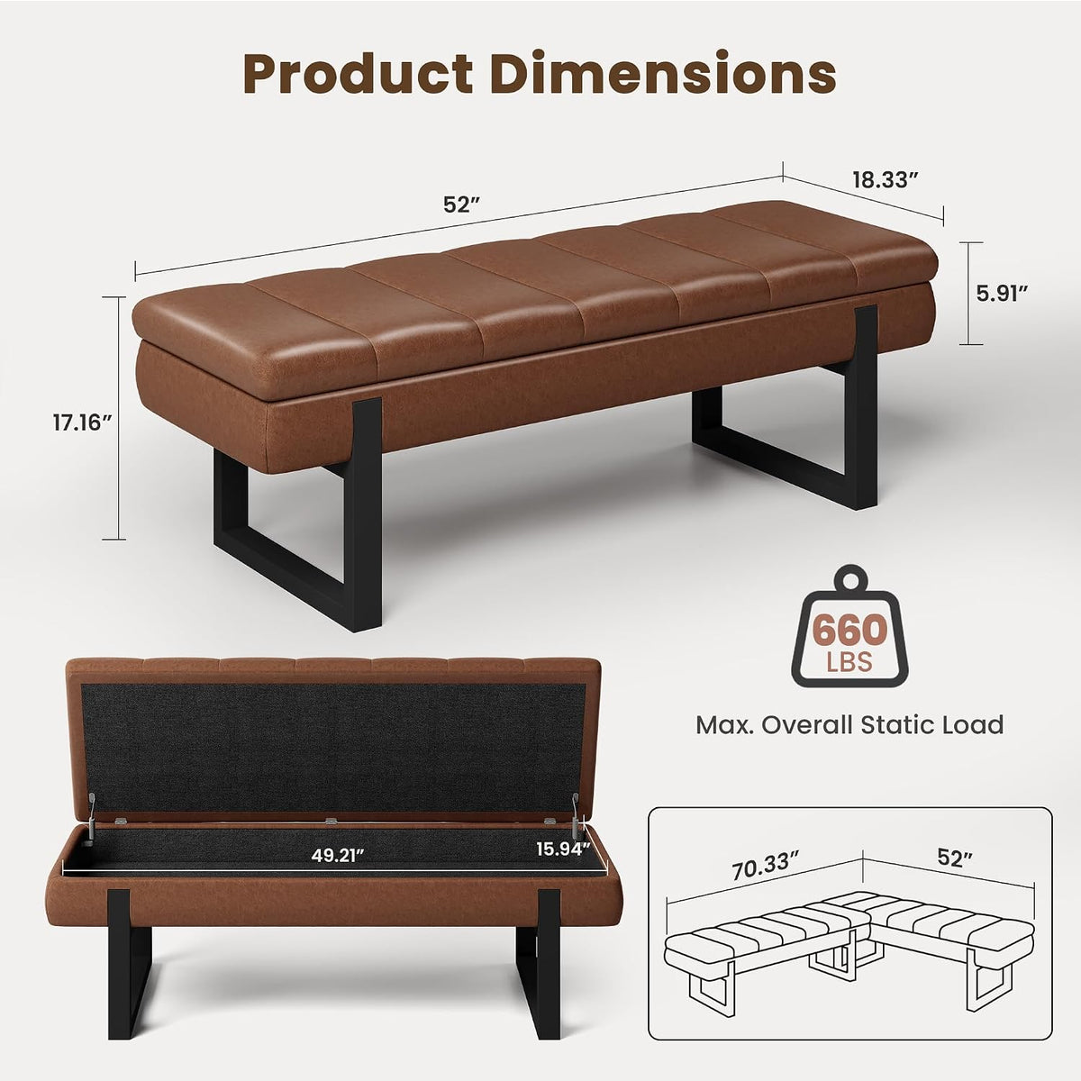 Breakfast Nook Bench with Hidden Storage, Premium Faux Leather Cushion & Metal Base, 53 Inch Extra Seating for Dining Room/Living Room, Entryway