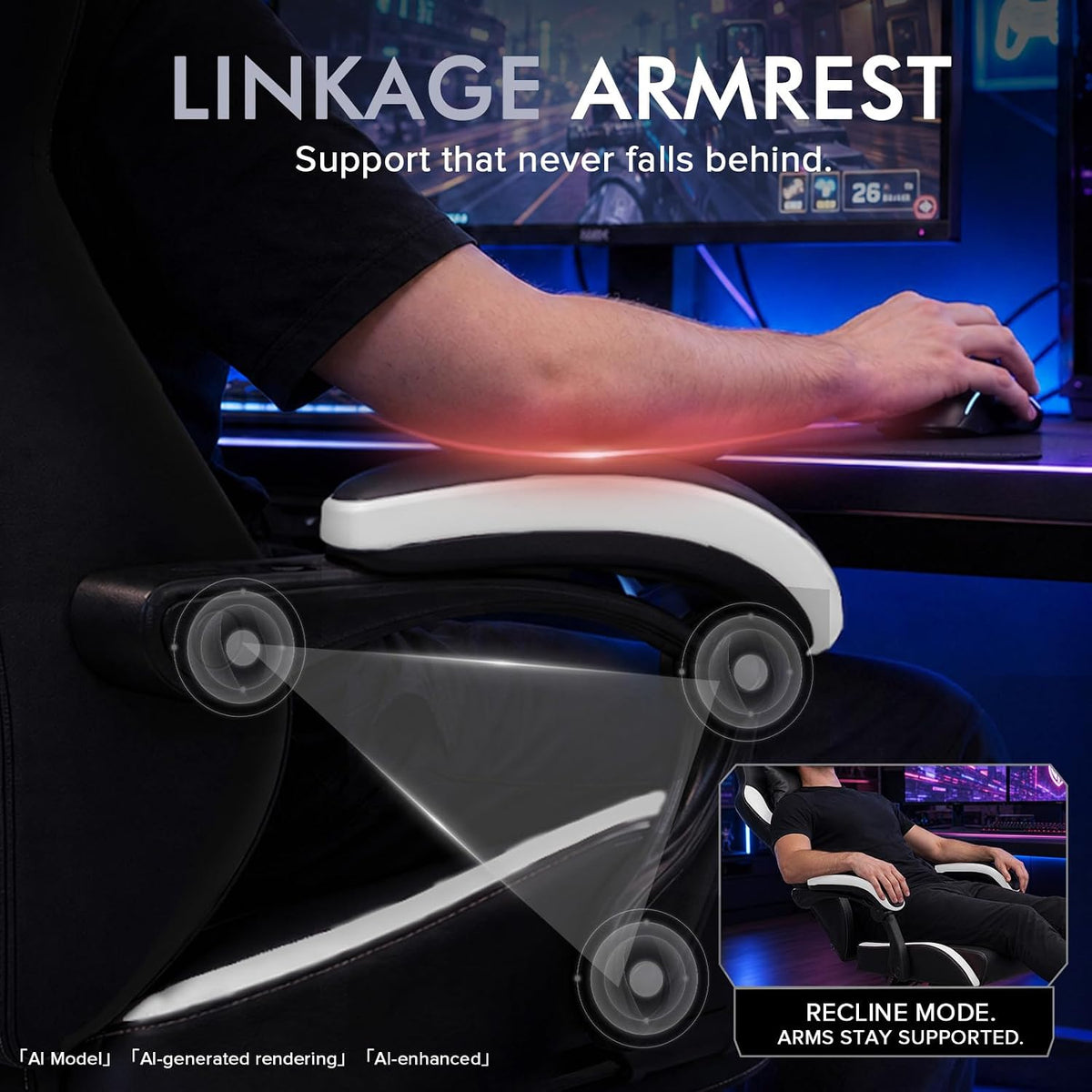 GTPLAYER Gaming Chair with Footrest, High Back Computer Chairs for Adults with Linkage Armrest Lumbar Support Heavy Duty 350lbs Ergonomic Swivel PC Game Chair for Office, White