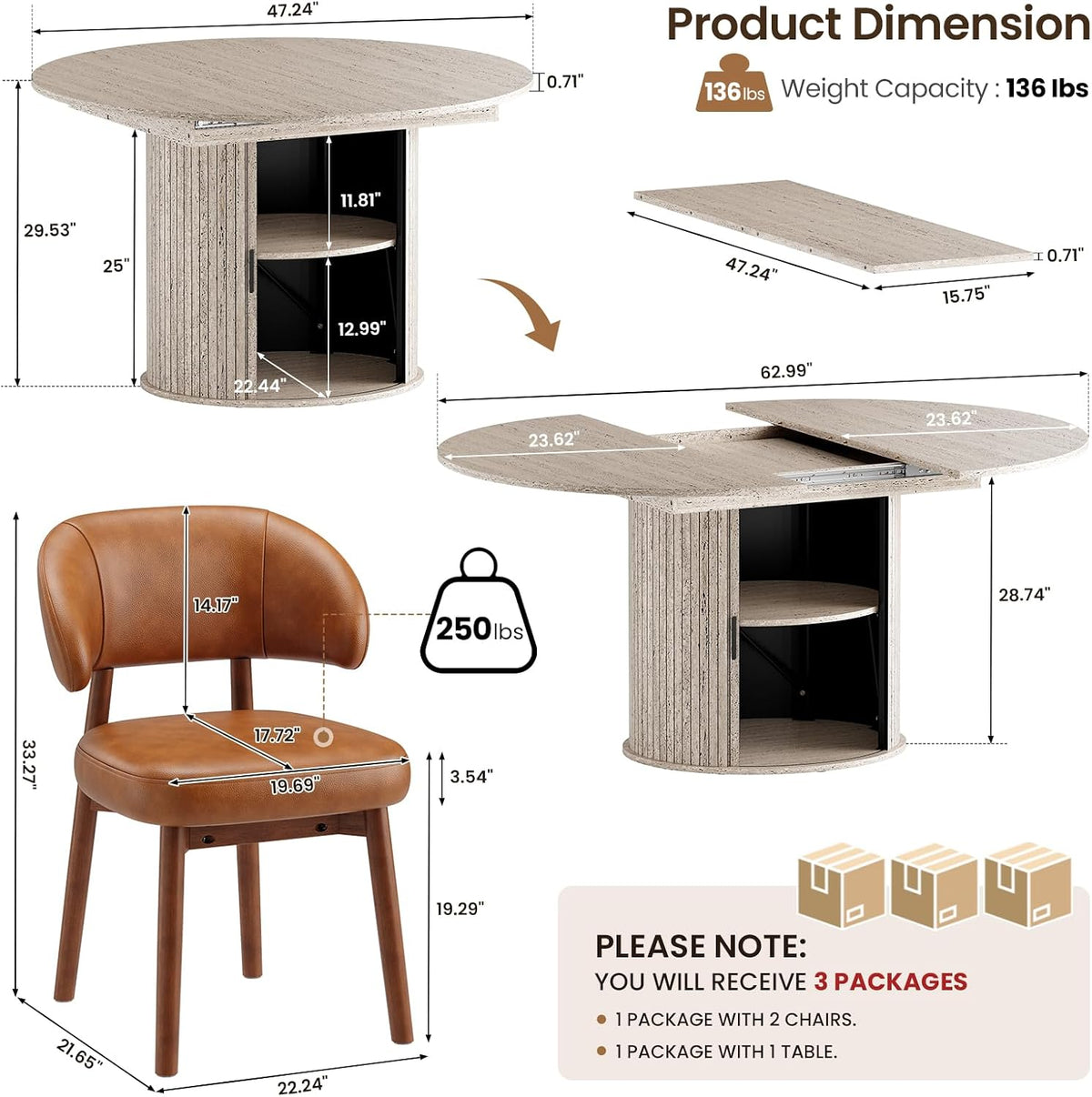 MALOL 47"-63" Extendable Round to Oval Dining Room Table Chairs Set for 4-8, Modern Wooden Kitchen Table and Chairs with Hidden Storage and Fluted Design for Dining Room/Small Space(White and Brown)