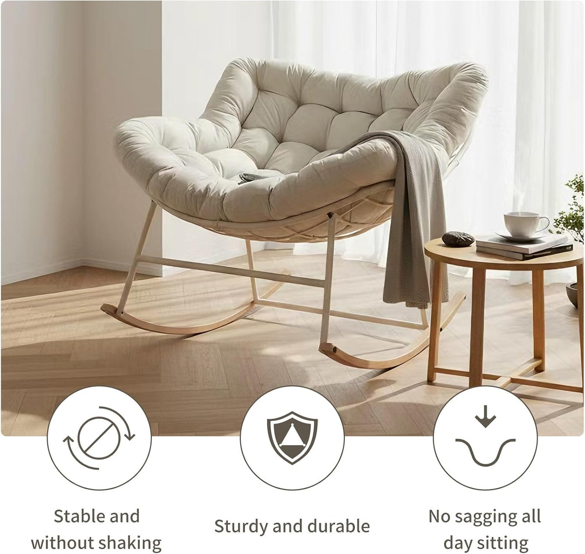 Oversized Papasan Rocking Chair with Thickened Cushion, Heavy-Duty Cozy Egg Chair, Large Comfy Lounge Chair for Reading, Relaxing & Bedroom Living Room, White