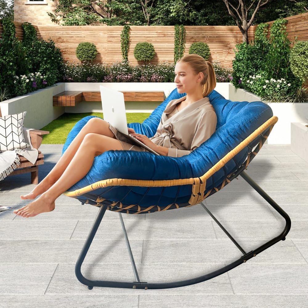 Larger Outdoor Rocking Chair, Rattan Wicker Lounge Chair, for Bedroom, Living Room, Porch, Garden,Lawn-Beige (Black+Blue + Metal + Cotton)