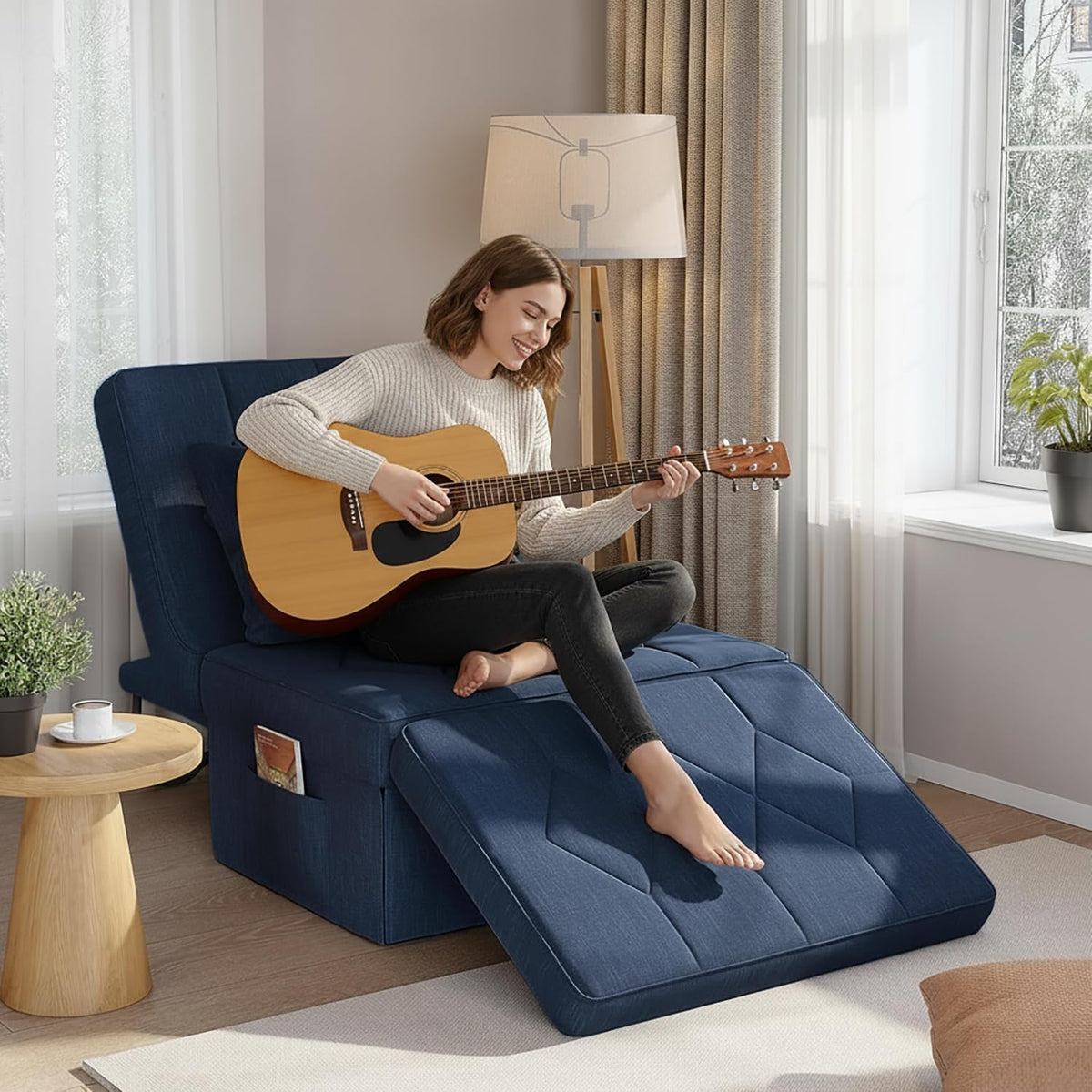 28" Folding Sofa Bed with 5-Level Adjustable Backrest, Navy Blue | 4-in-1 Convertible Sleeper Chair Bed, Modern Single Futon Couch, Ottoman Bed for Living Room, Apartment, Dorm & Small Space