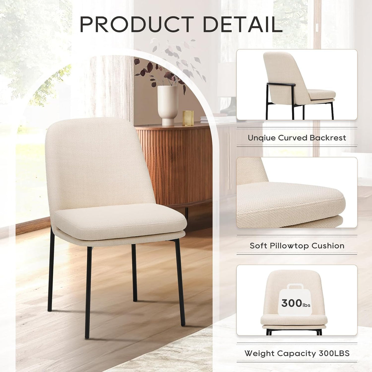 COLAMY Modern Dining Chairs Set of 4, Upholstered Dining Room Chairs Dinner Chair Kitchen Chairs with Curved Back and Metal Legs, Beige
