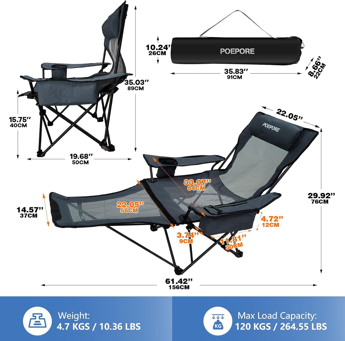 Reclining Camping Chair 4 Position with Foot Rest Comfortable for Adults 265Ibs Folding Lounger Mesh Beach Chair with Cooler Bag and Cup Holder for Outdoor Patio