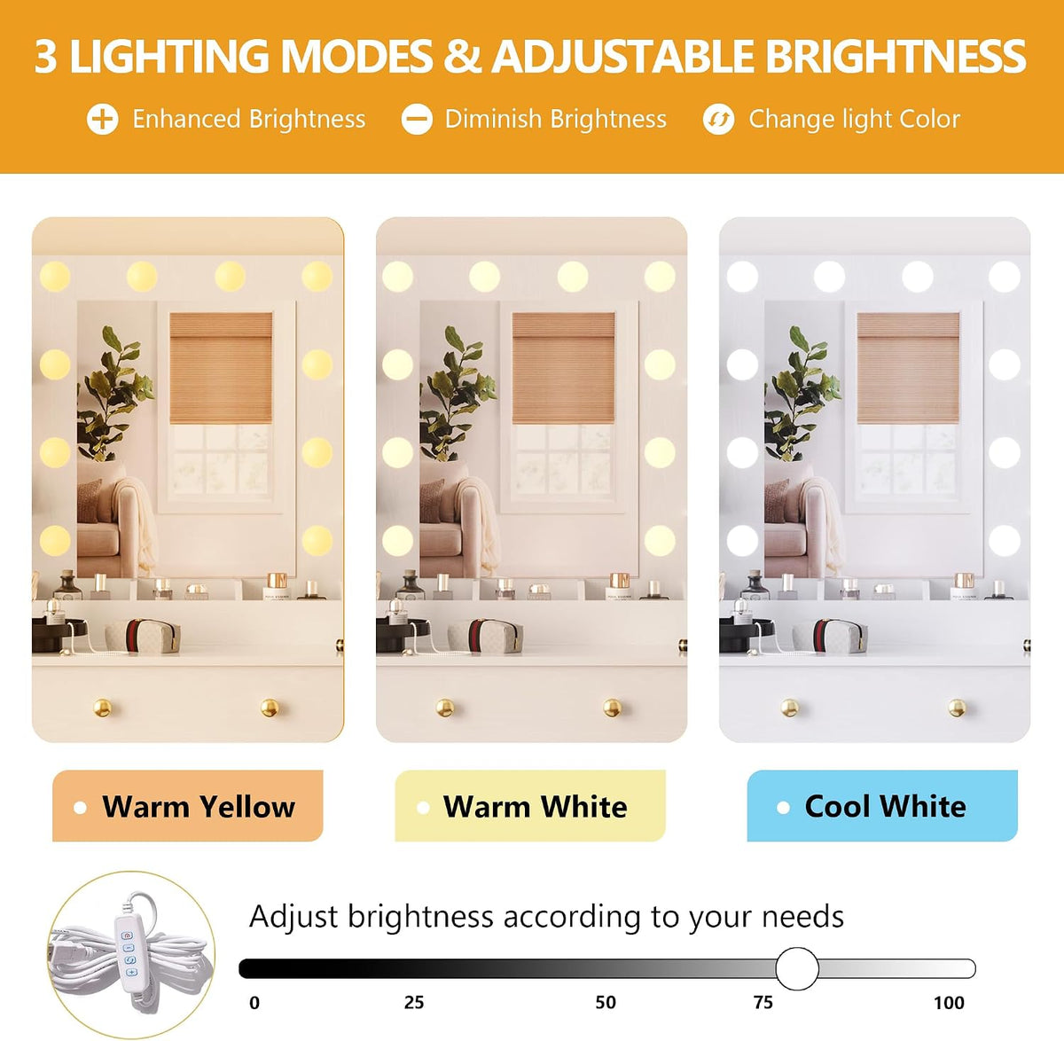 Wodeer Makeup Vanity Desk with Mirror and Lights, 43" White Vanity Set with 3 Drawers, Power Outlet & Adjustable RGB LED Lights, Dressing Table with Storage Shelf for Women & Girls Bedroom