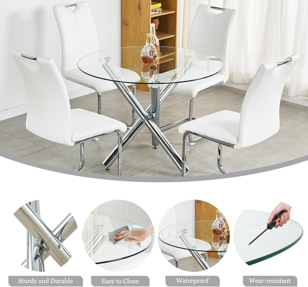 Round Glass Dining Table Set for 2, 36'' Small Minimalist Kitchen Table Set with 2 Beige Modern Upholstered Dining Chairs, 3 Piece Luxury Circle Dining Room Set, Silver Base