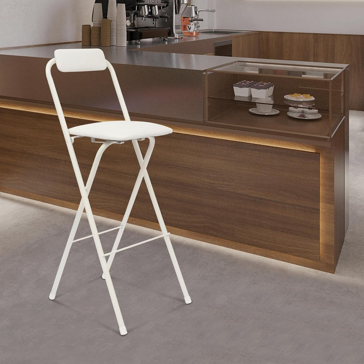 Folding Bar Stool with Back, 1 Pcs 30 Inch Tall Foldable Stool Chair Portable High Folding Bar Chair Counter Height Seat Leather Padded for Kitchen Shop Cafe Dining Room (30 Inch Tall White)