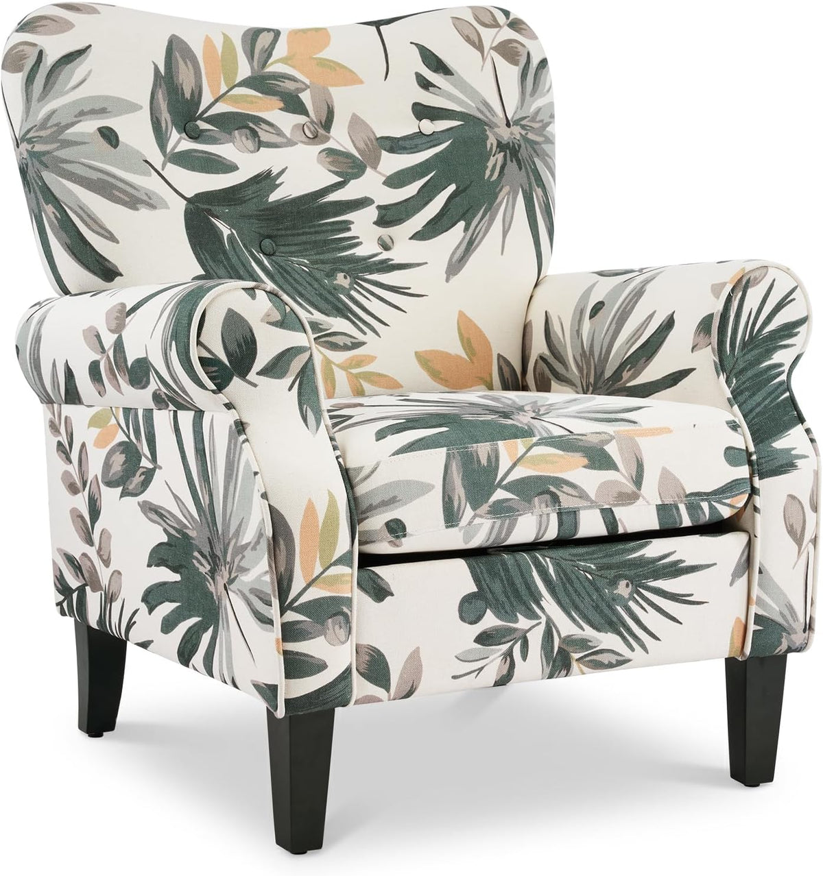 YOLENY Mid Century Wingback Arm Chair, Modern Upholstered Fabric High Back Accent Chair with Wood Legs, Upholstered Single Sofa Club Chair for Living Room, Bedroom, Home Office, Grey Green Leaves