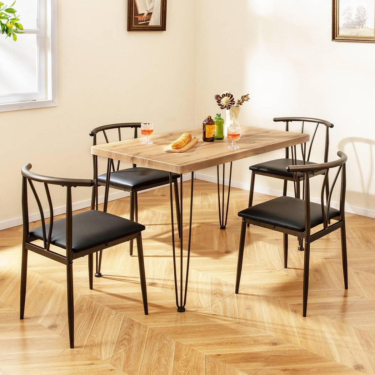Giantex 5-Piece Dining Table Set, 43-Inches Rectangular Kitchen Table & 4 Armless Chairs with Upholstered Seat, Spindle Back, Metal Frame, Dinette Set for Small Space, Living Room (Oak+Black)
