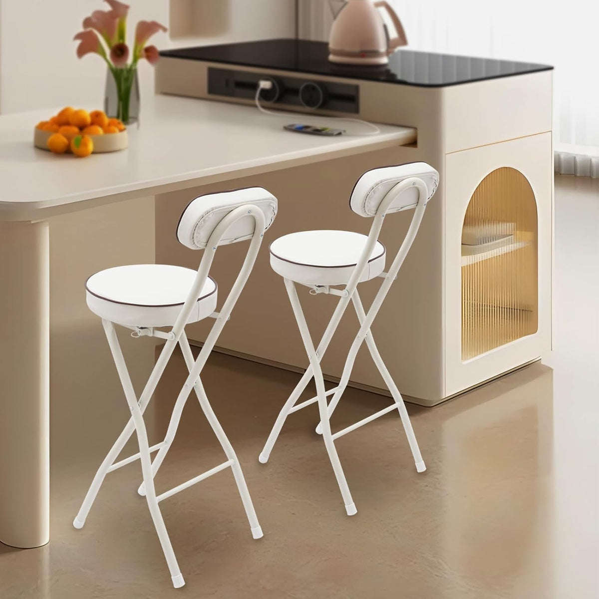 2 Pcs Folding Bar Stools, 26 Inch Portable Tall Chairs with Backrest, Carbon Steel Frame and PU Padded Seat for Kitchen, Cafe, Living Room, Camping (White-5)