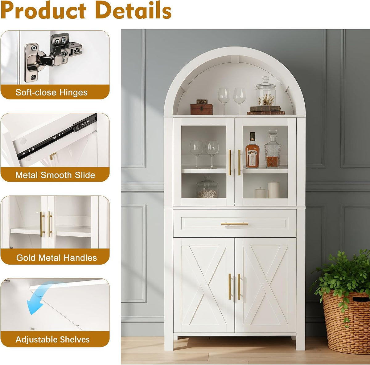SOFTSEA Arched Kitchen Pantry Cabinet with Glass Door, 71" Tall Cupboard Cabinet with Adjustable Shelves & Barn Door, Farmhouse Kitchen Hutch with Drawer for Dining Room, White