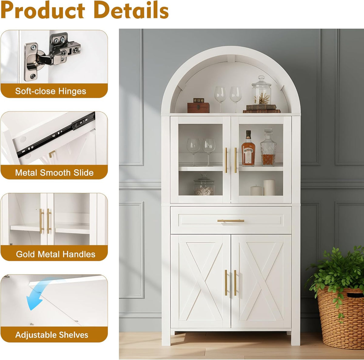 roomfitters 71" Tall Arched Farmhouse Pantry Cabinet with Glass Barn Doors & Pull-Out Drawer, White