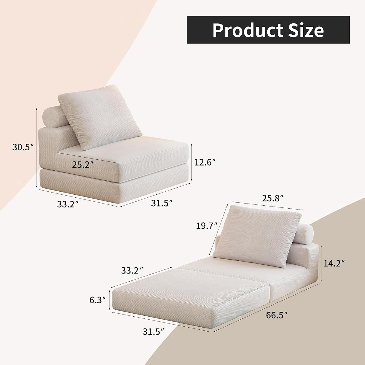 Folding Sofa Bed, 3-in-1 Convertible Sleeper Chair Bed with Pillows, Foldable Floor Couch with High-Density Foam, Futon Small Couch for Living Room Bedroom Lounge, Single, White