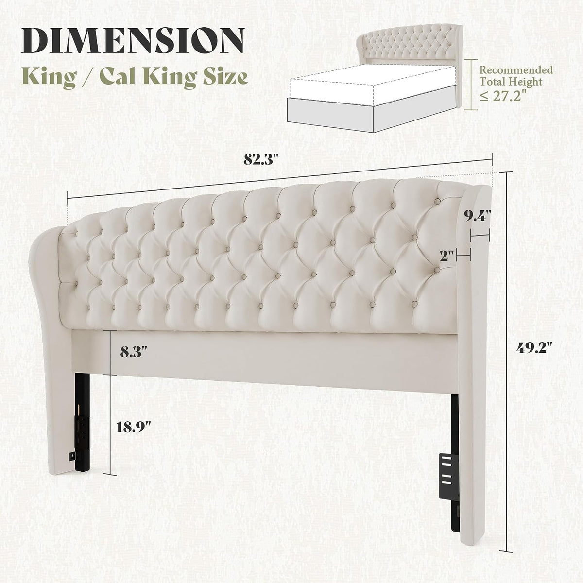 AMERLIFE King/Cal King Headboard Only, Velvet Upholstered Wingback, Cream
