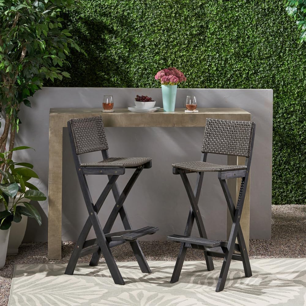 Saiveina 41.75" Outdoor Folding Acacia Wood Barstools with PE Rattan Backrest and Seat, Dark Grey Finish (Set of 2)