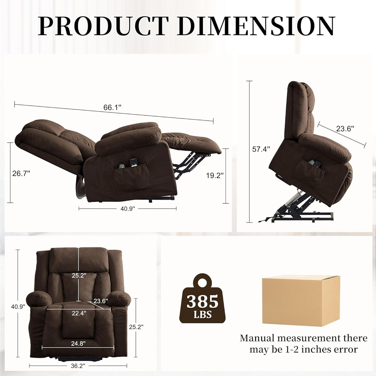 Korser Dual Motor Power Lift Recliner Chair for Elderly with Massage and Heat, Oversized Electric Recliner with Side Pockets, Living Room, Waffle, Brown