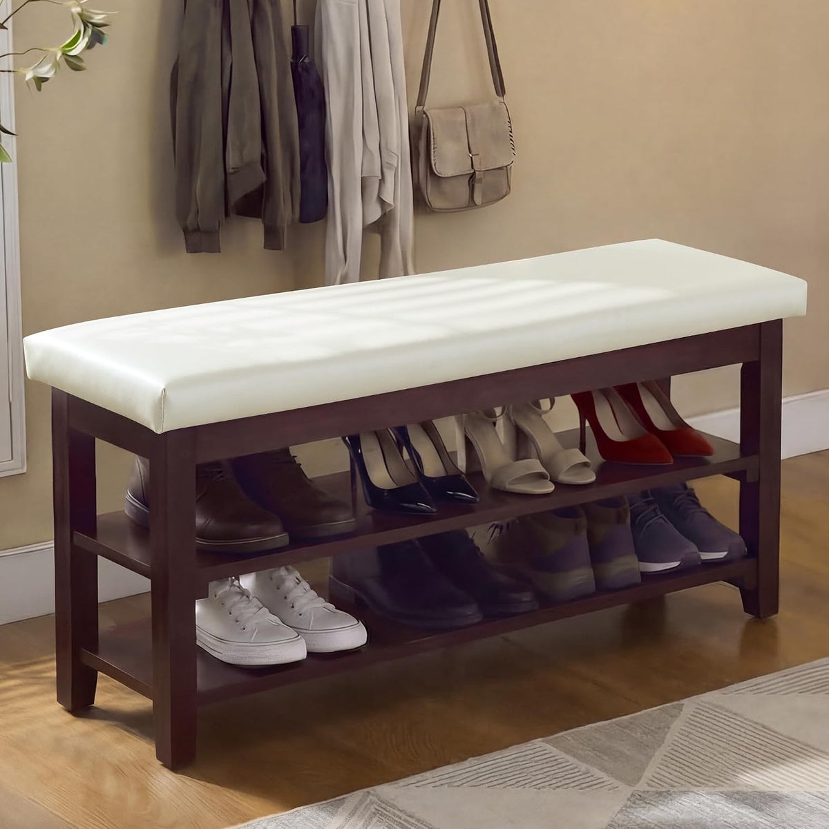 40" Faux Leather Shoe Storage Bench Entryway, Upholstered Bench with Leather Cushion, Solid Wooden 2 Tier Rack Shoe Organizer for Entry Way, Bedroom, Living Room, Beige