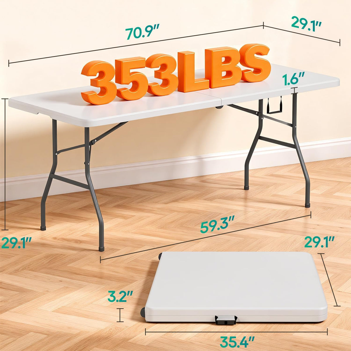 FDW | 6FT Folding Table | White | Portable Plastic Table | with Carry Handle | Waterproof & Foldable Table Design | Steel Frame with Lock | for Events, Camping, Indoor & Outdoor Use