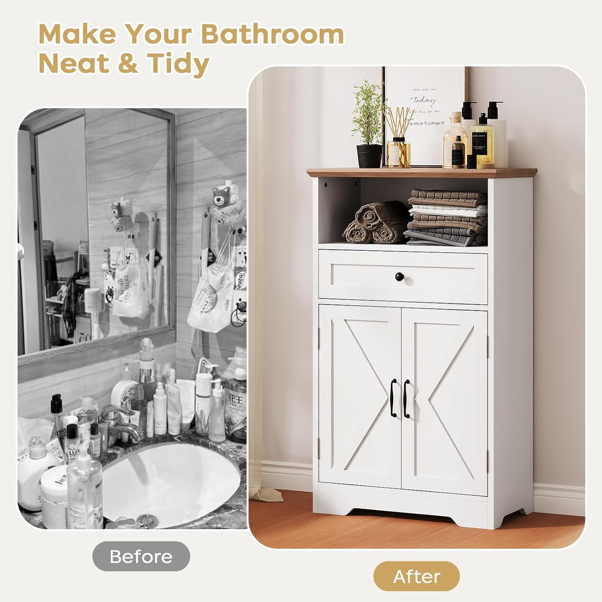 Floor Cabinet, Farmhouse Storage Cabinet with Barn Doors and Drawer, 11.81" D x 23.62" W x 39.37" H White Freestanding Adjustable Shelf Organizer for Bathroom, Kitchen, Living Room
