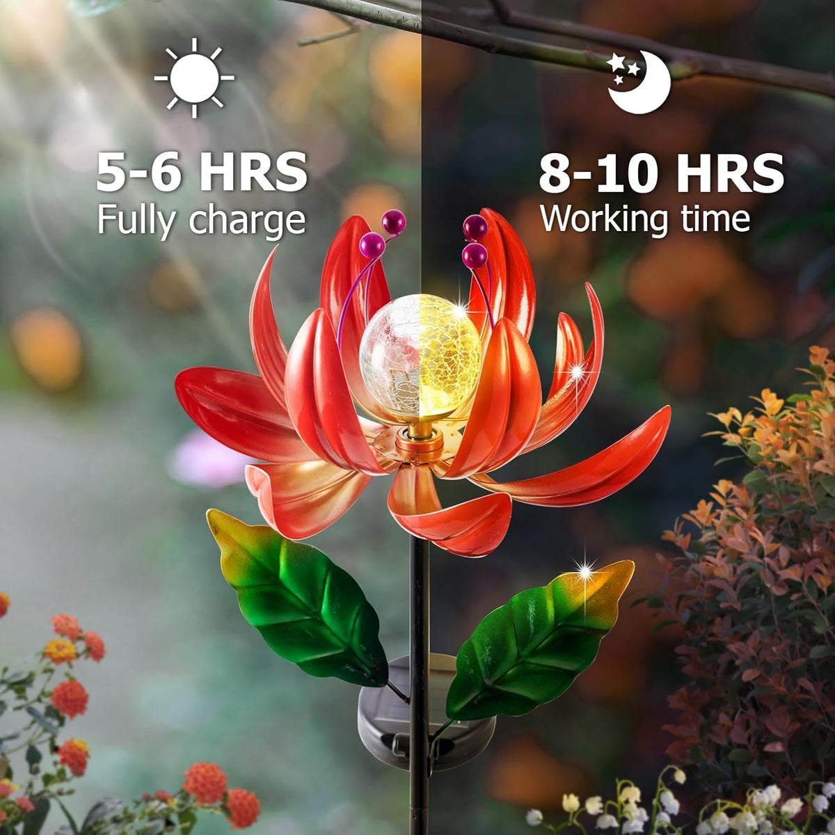 Solar Lights Outdoor Wind Spinners, Metal Lotus Flower Garden Decor with Waterproof LED Crackle Glass Globe for Patio Lawn Yard Outdoor Decor