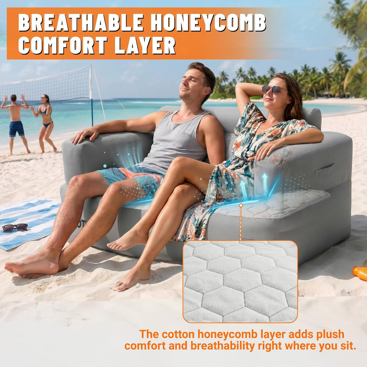 Inflatable Couch Loveseat with Footstool, Camping Couch with Detachable Built-in Pump, Inflatable Sofa with Breathable, Puncture-Resistant Fabric Texture Cover, Camping, Beach, Backyard Party