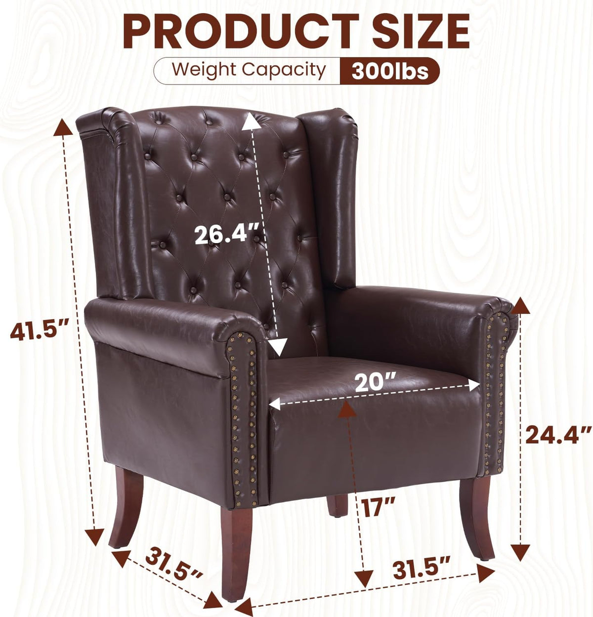 Modern Accent Chair Set of 2, Mid-Century Faux Leather Armchair Upholstered Club Sofa Chair with Wooden Legs, High Back Living Room Chair for Bedroom, Office, Lounge (Caramel)