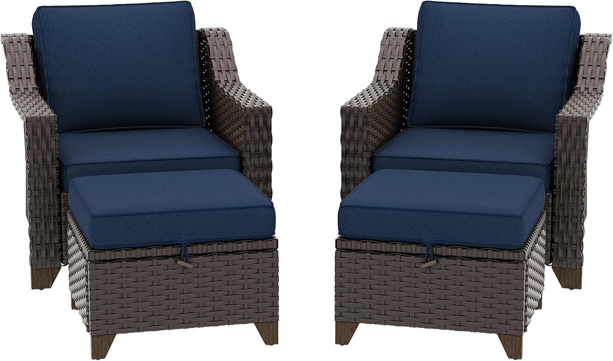 4 Pieces Patio Conversation Furniture Set - 2 Chairs with Ottomans Set of 2, Outdoor Wicker Armchairs with Water-Resistant and Washable Cushions for Porch, Balcony, Sunroom (Navy Blue)