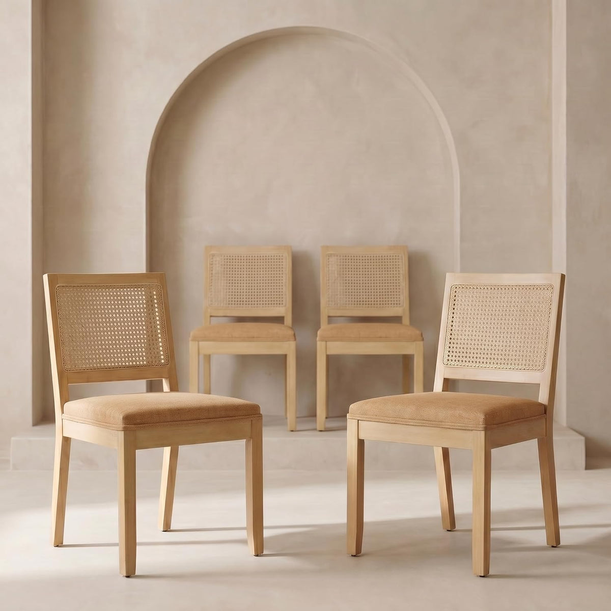 OVENTA Dining Chairs Set of 4, Rattan Back Upholstered Kitchen Chairs, Solid Rubberwood Frame, Boho Mid Century Dining Room Chairs, Brown Rattan