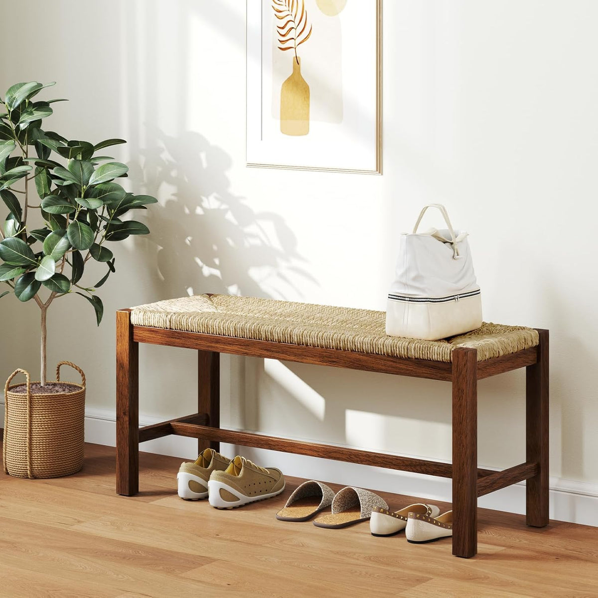 Giantex 40" Dining Bench with Woven Seagrass Woven Seat, Rubber Wood Legs, 350 Lbs Capacity, 40" x 14" x 18" Entryway Bench for End of Bed, Dining Room, Hallway, Living Room, Bedroom, Entry (1)
