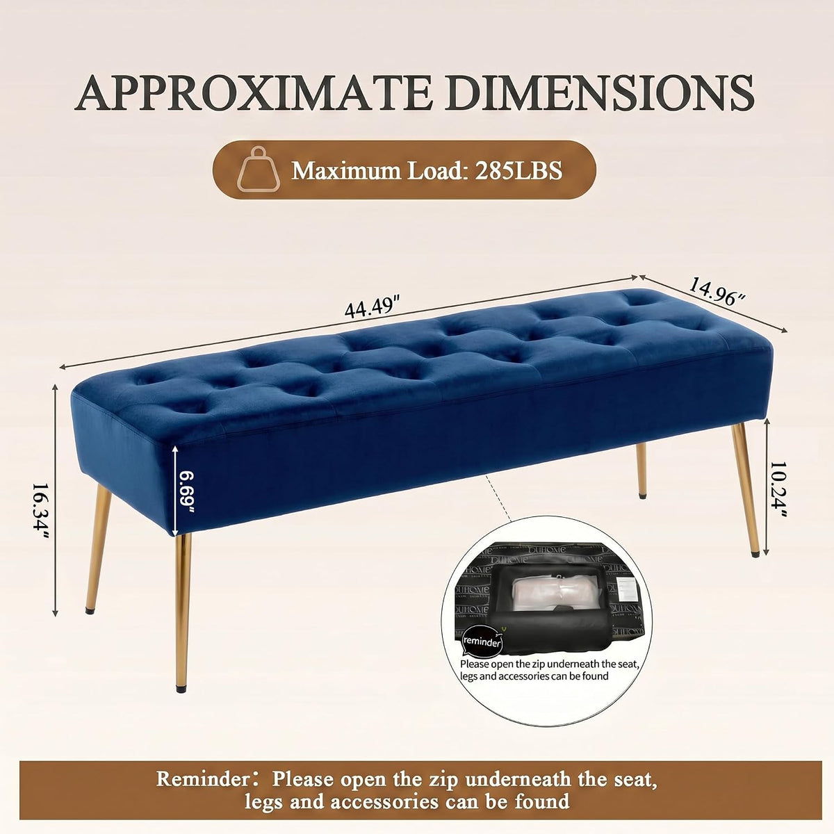 DUHOME Button-Tufted Ottoman Bench, Upholstered Bedroom Benches Velvet Footrest Stool Dining Bench Accent Bench for Entryway Dining Room Living Room Bedroom, Dark Blue