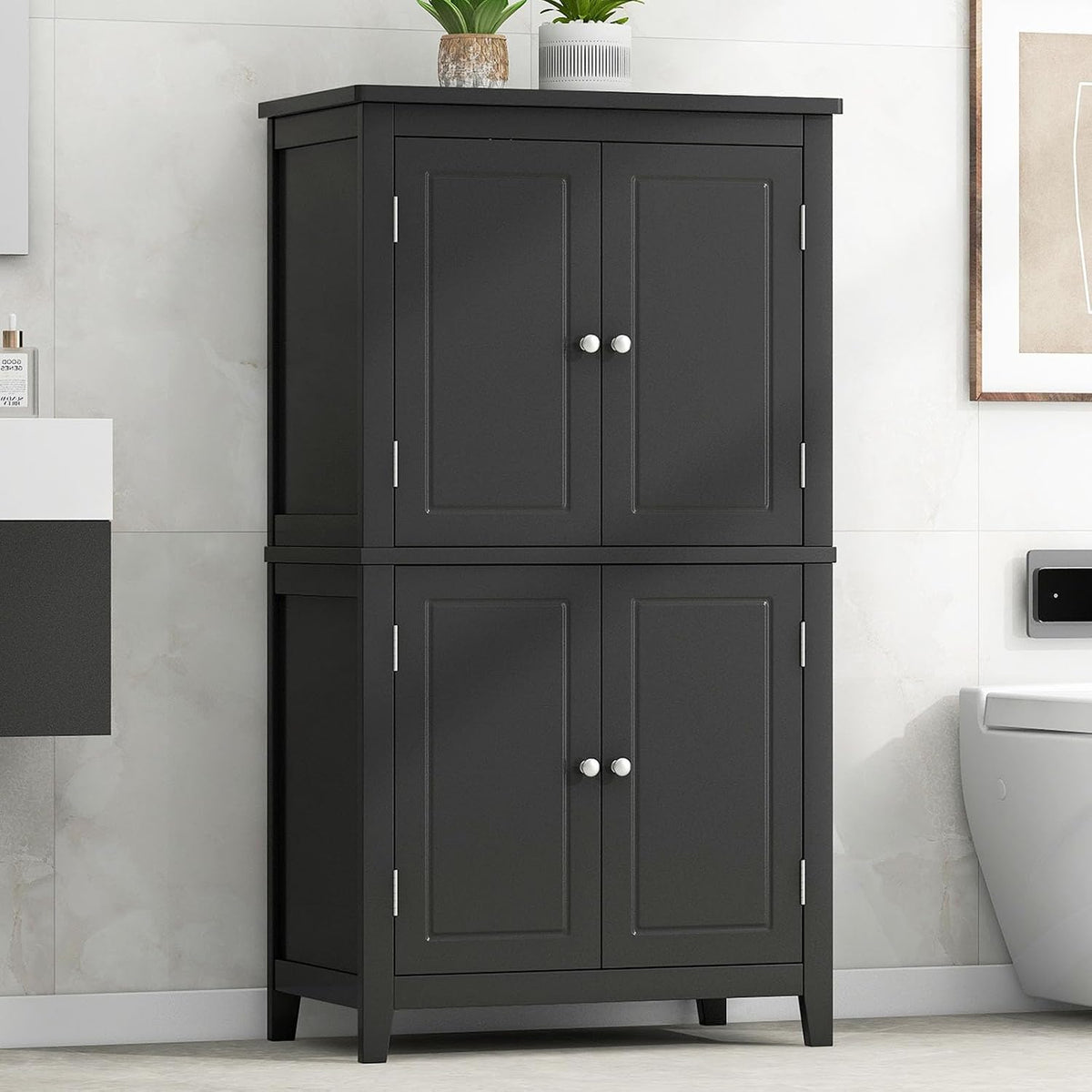43.3" Tall Kitchen Storage Cabinet with Doors, Freestanding Pantry Cabinet with Hanging Shelves& Adjustable Shelves, Large Space Wooden Farmhouse Cupboard for Kitchen, Dining Room& Living Room (Black)