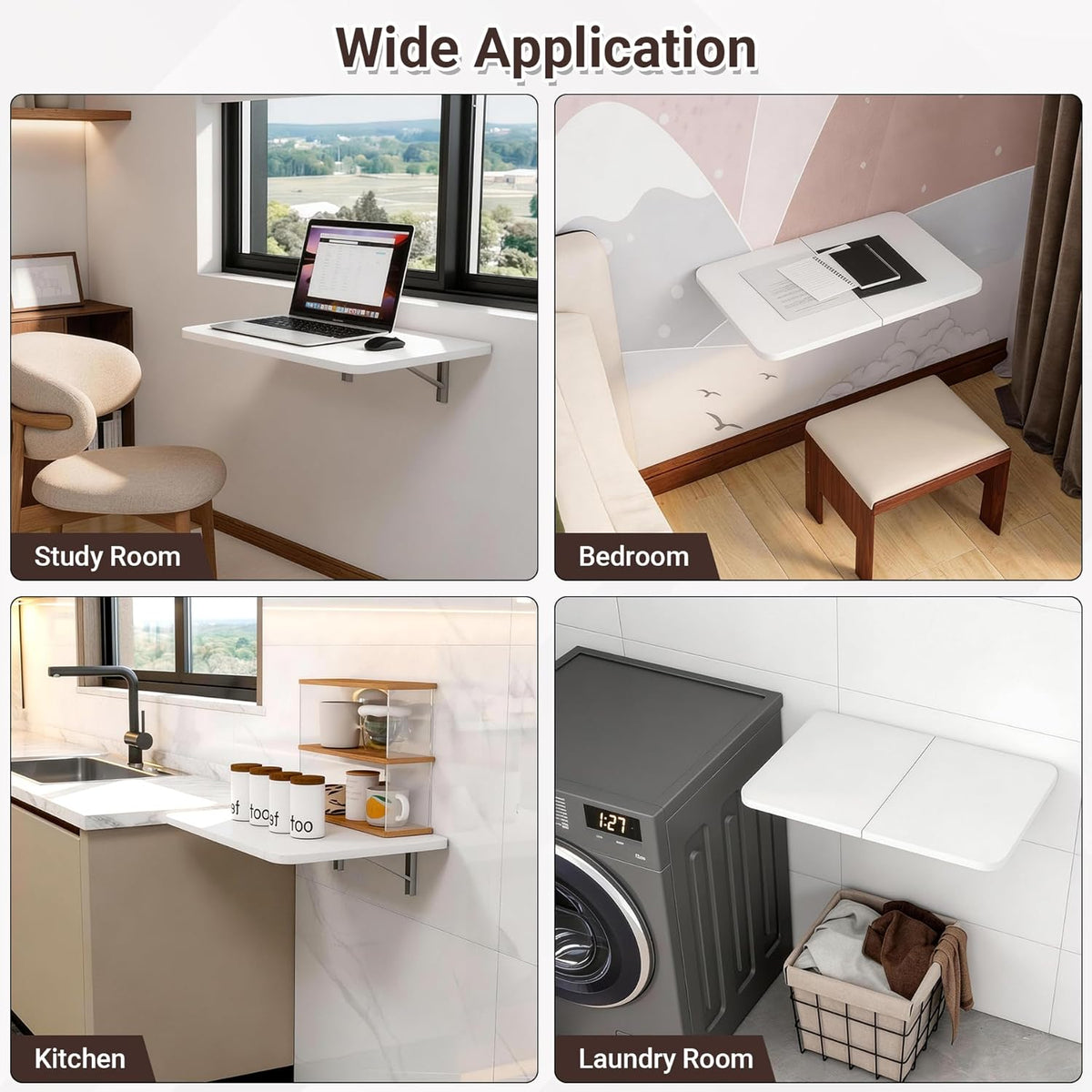 Neoaider Wall Mounted Folding Desk 23.6” x 15.7”, Drop Down Table with Metal Collapsible Brackets, Folding Wall Table for Small Spaces, Home, Office, Kitchen, Laundry Room-White