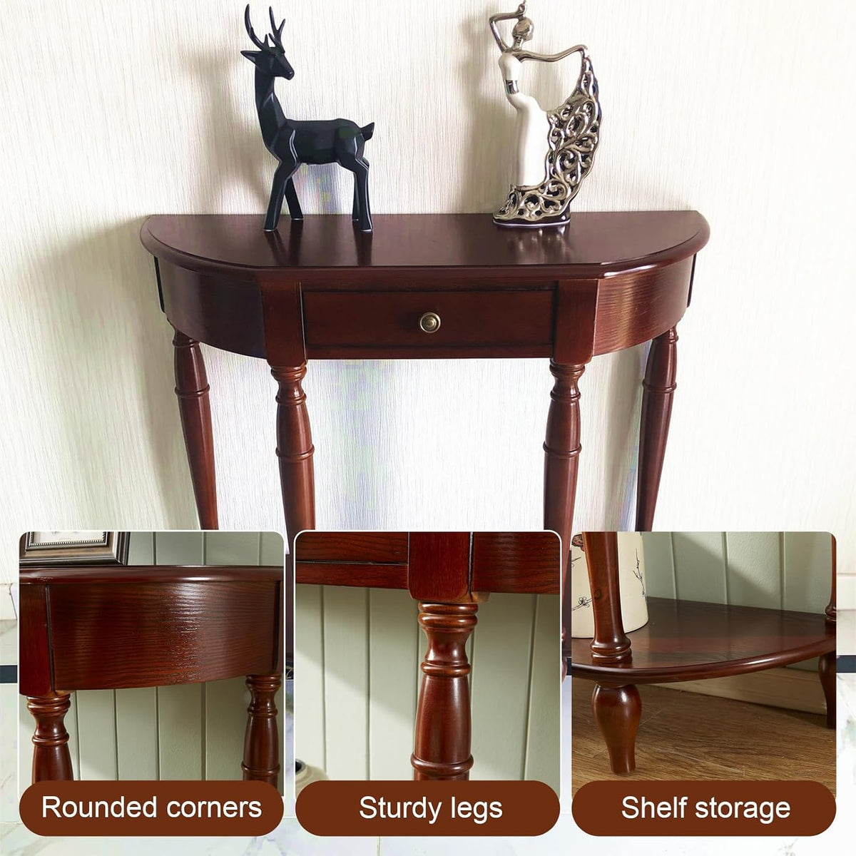Half Moon Console Table, Solid Wood Console Tables with Drawer and Shelf, for Living Room, Hallway, Foyer, Entrance(35.4 * 11.8 * 31.5in)