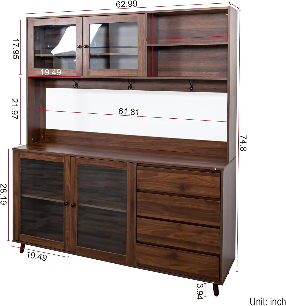 63" W Large Kitchen Pantry Cabinet, Freestanding Hutch Cabinets Storage Kitchen Cupboard with 4 Doors, 4 Drawers & Microwave Shelf, Walnut