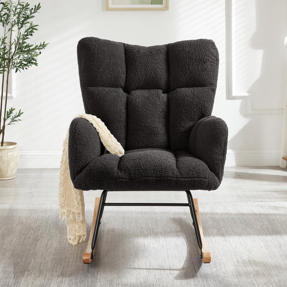 Tufted Upholstered Teddy Fabric Rocking Chair with Metal Frame Accent Chair Ivory White (Dark Gray + Teddy)