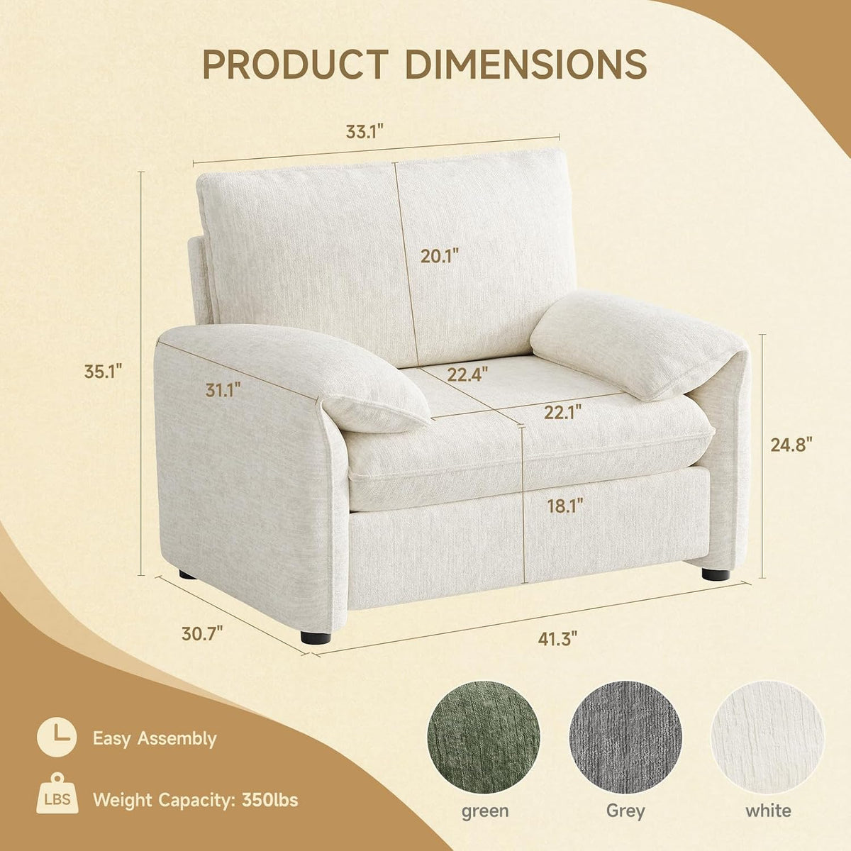 ONBRILL Oversized Accent Chair, 41 Inch Chenille Fabric Armchair, Beige | Comfy Single Sofa Chair with Padded Arms, Pocket Spring Cushion, Modern Reading Chair for Living Room, Bedroom, Apartment